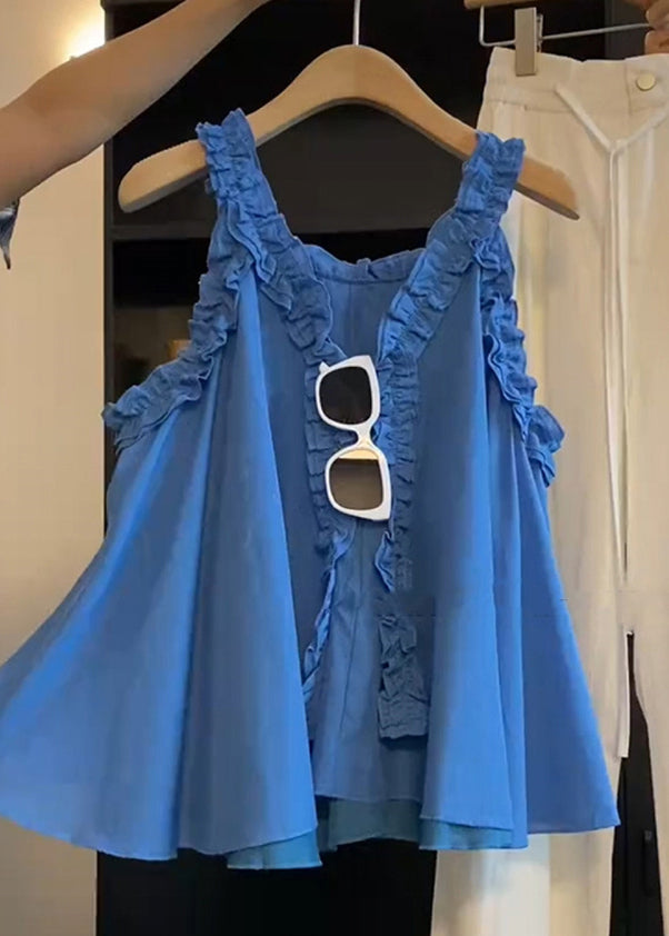 Art Blue Ruffled Solid Cotton Blouse Top Sleeveless