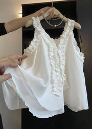 Art Blue Ruffled Solid Cotton Blouse Top Sleeveless