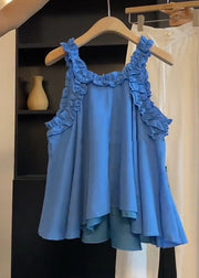 Art Blue Ruffled Solid Cotton Blouse Top Sleeveless