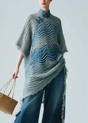 Art Blue Stand Collar Hollow Out Knit Shirt Half Sleeve
