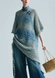 Art Blue Stand Collar Hollow Out Knit Shirt Half Sleeve