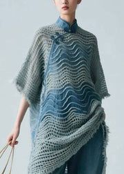 Art Blue Stand Collar Hollow Out Knit Shirt Half Sleeve