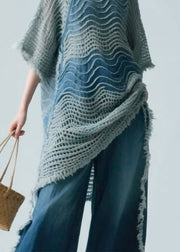Art Blue Stand Collar Hollow Out Knit Shirt Half Sleeve