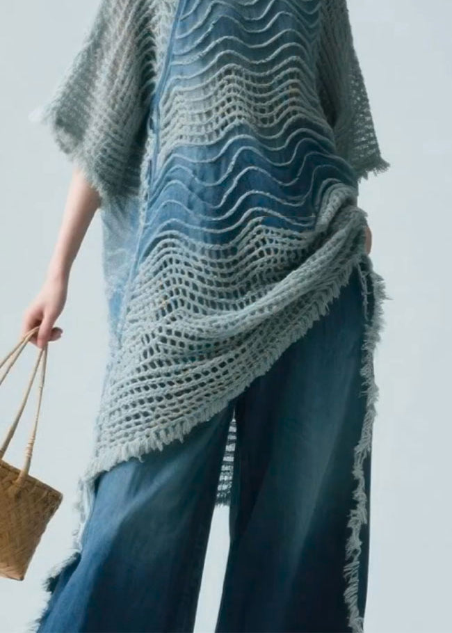 Art Blue Stand Collar Hollow Out Knit Shirt Half Sleeve