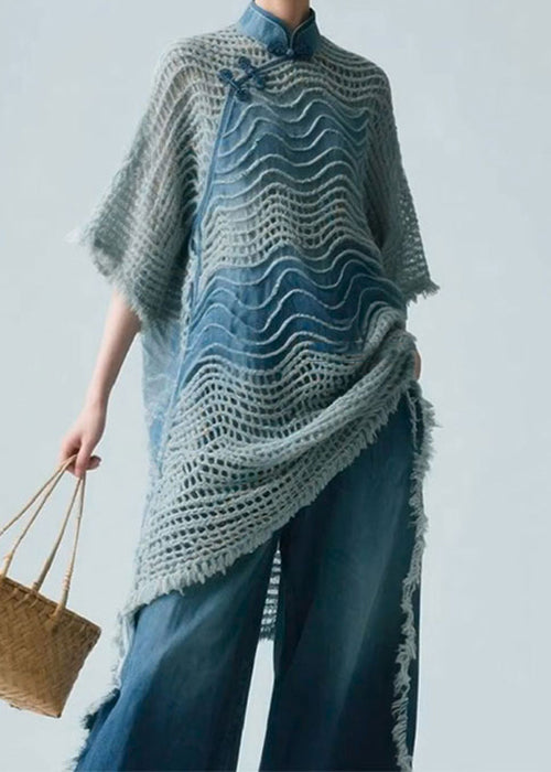 Art Blue Stand Collar Hollow Out Knit Shirt Half Sleeve