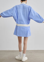 Art Blue Striped Bow Side Open Patchwork Cotton Blouses Dresses Fall