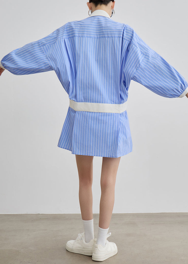 Art Blue Striped Bow Side Open Patchwork Cotton Blouses Dresses Fall