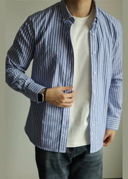 Art Blue Striped Button Pockets Cotton Shirts Men Fall