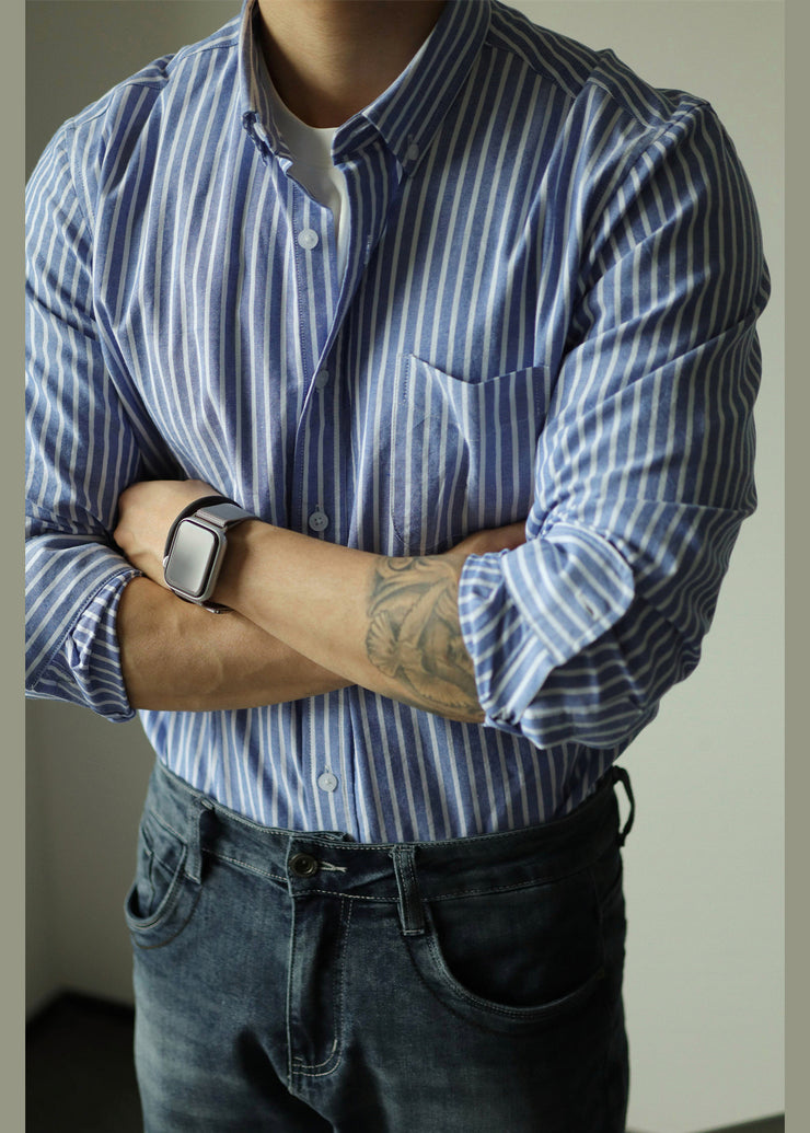 Art Blue Striped Button Pockets Cotton Shirts Men Fall
