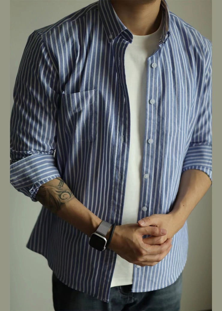 Art Blue Striped Button Pockets Cotton Shirts Men Fall