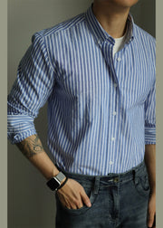 Art Blue Striped Button Pockets Cotton Shirts Men Fall