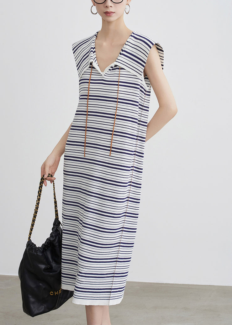 Art Blue Striped Cozy Knit Long Dress Sleeveless