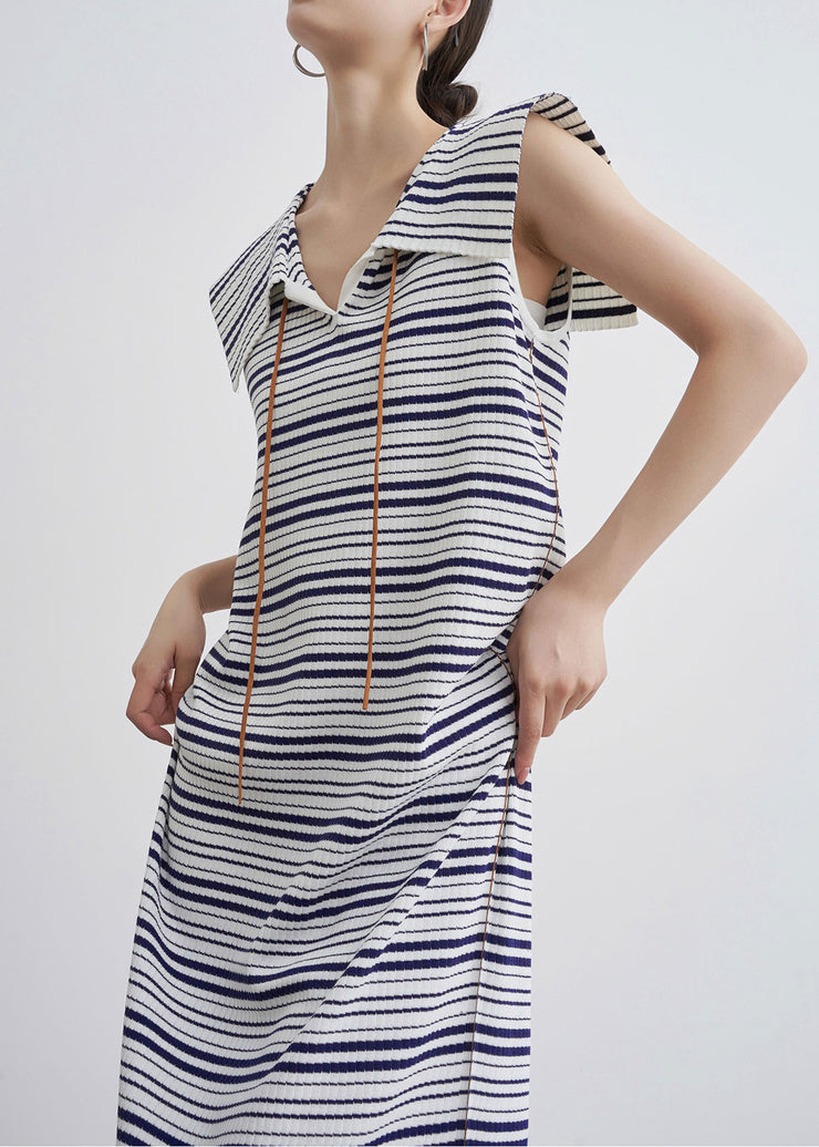 Art Blue Striped Cozy Knit Long Dress Sleeveless