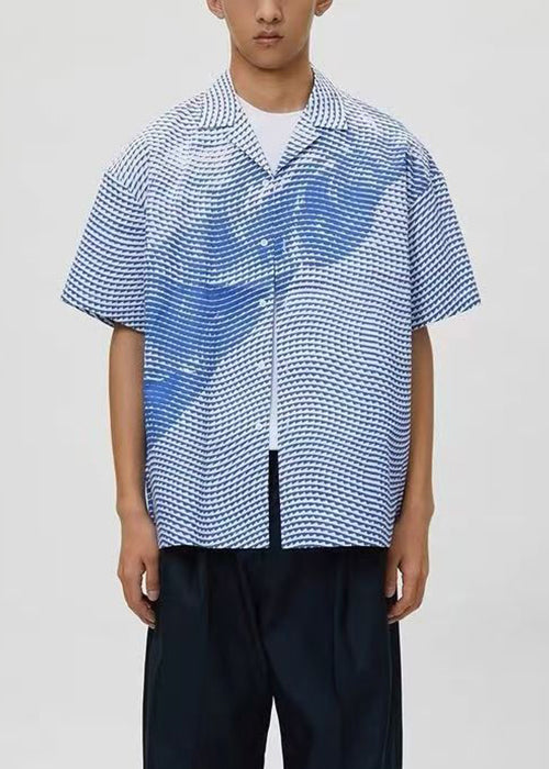 Art Blue Striped Print Cotton Men Shirts Summer