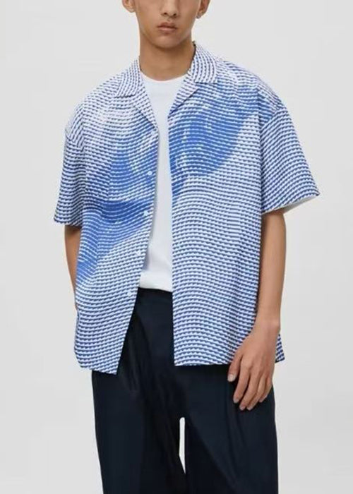 Art Blue Striped Print Cotton Men Shirts Summer