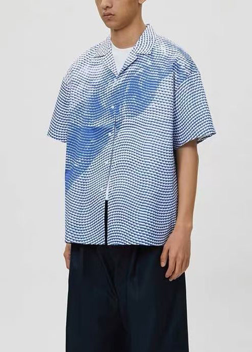 Art Blue Striped Print Cotton Men Shirts Summer