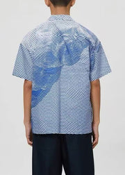 Art Blue Striped Print Cotton Men Shirts Summer