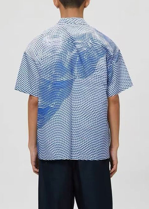 Art Blue Striped Print Cotton Men Shirts Summer