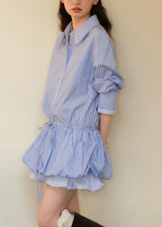 Art Blue Striped Tie Waist Cotton Shirt Dress Fall