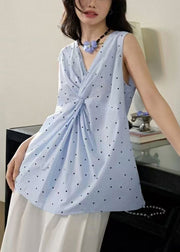 Art Blue V Neck Dot Cotton Top Sleeveless