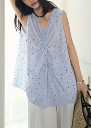 Art Blue V Neck Dot Cotton Top Sleeveless