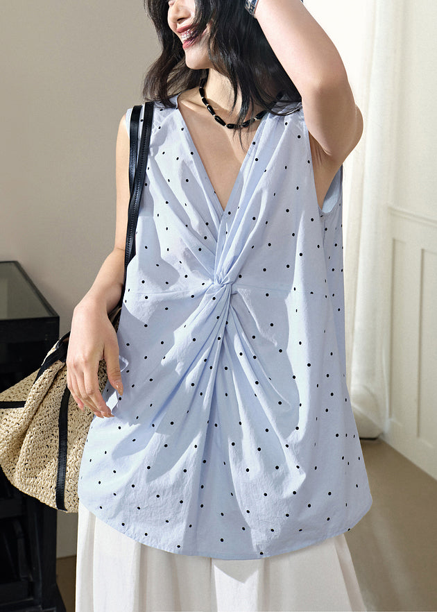 Art Blue V Neck Dot Cotton Top Sleeveless