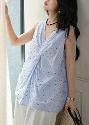 Art Blue V Neck Dot Cotton Top Sleeveless