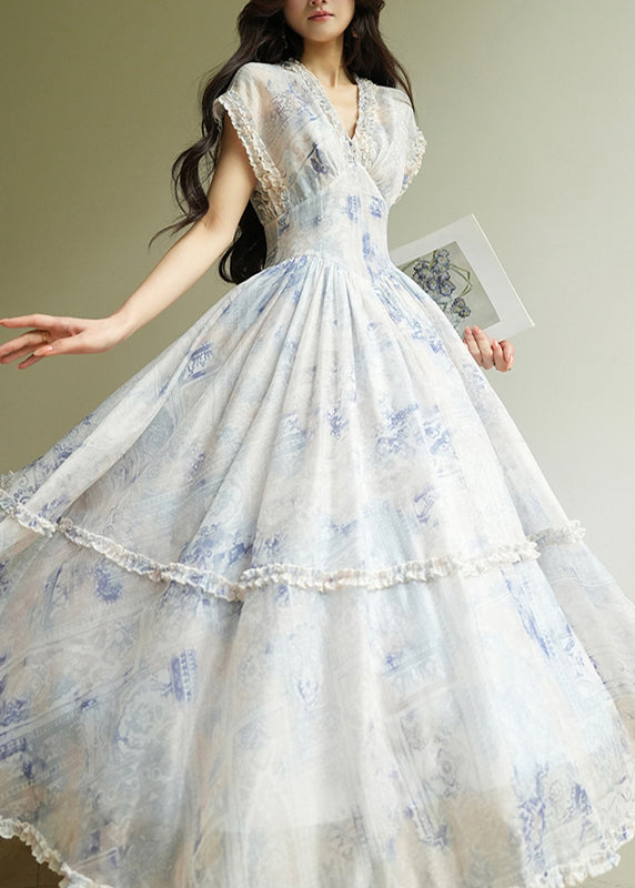 Art Blue V Neck Ruffled Print Chiffon Long Dresses Summer