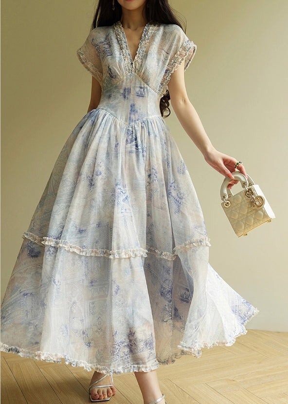 Art Blue V Neck Ruffled Print Chiffon Long Dresses Summer