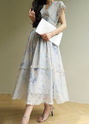 Art Blue V Neck Ruffled Print Chiffon Long Dresses Summer