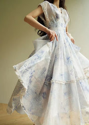 Art Blue V Neck Ruffled Print Chiffon Long Dresses Summer
