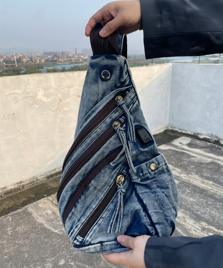 Art Blue Zippered Pockets Denim Backpack Bag
