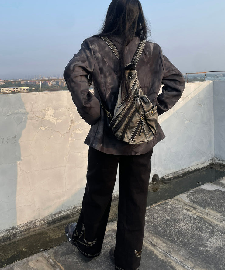 Art Blue Zippered Pockets Denim Backpack Bag