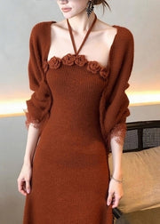 Art Brick Red Floral Cotton Knit Cardigans And Long Dress Two Piece Set Fall