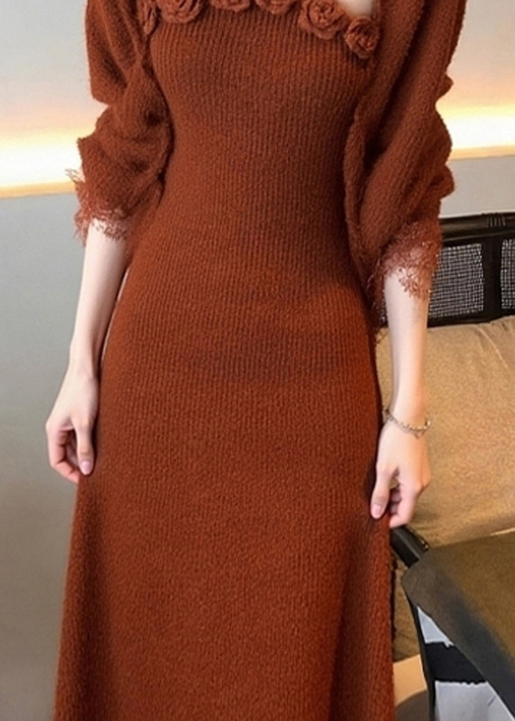 Art Brick Red Floral Cotton Knit Cardigans And Long Dress Two Piece Set Fall