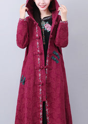 Art Brick Red Hooded Embroideried Jacquard Long Coat Fall