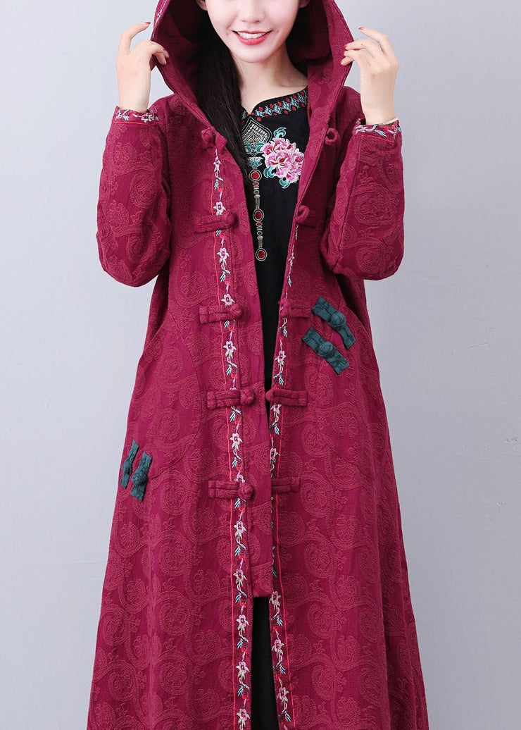 Art Brick Red Hooded Embroideried Jacquard Long Coat Fall