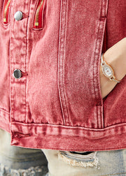 Art Brick Red Zip Up Oversized Denim Jackets Fall