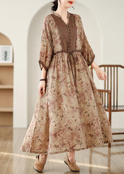 Art Brown Cinched Print Linen Maxi Dresses Bracelet Sleeve
