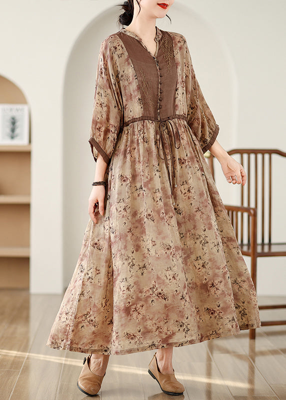 Art Brown Cinched Print Linen Maxi Dresses Bracelet Sleeve