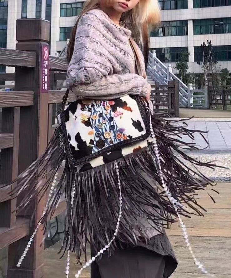Art Brown Fringe Trim Buttons Decorated Faux Suede Messenger Bag