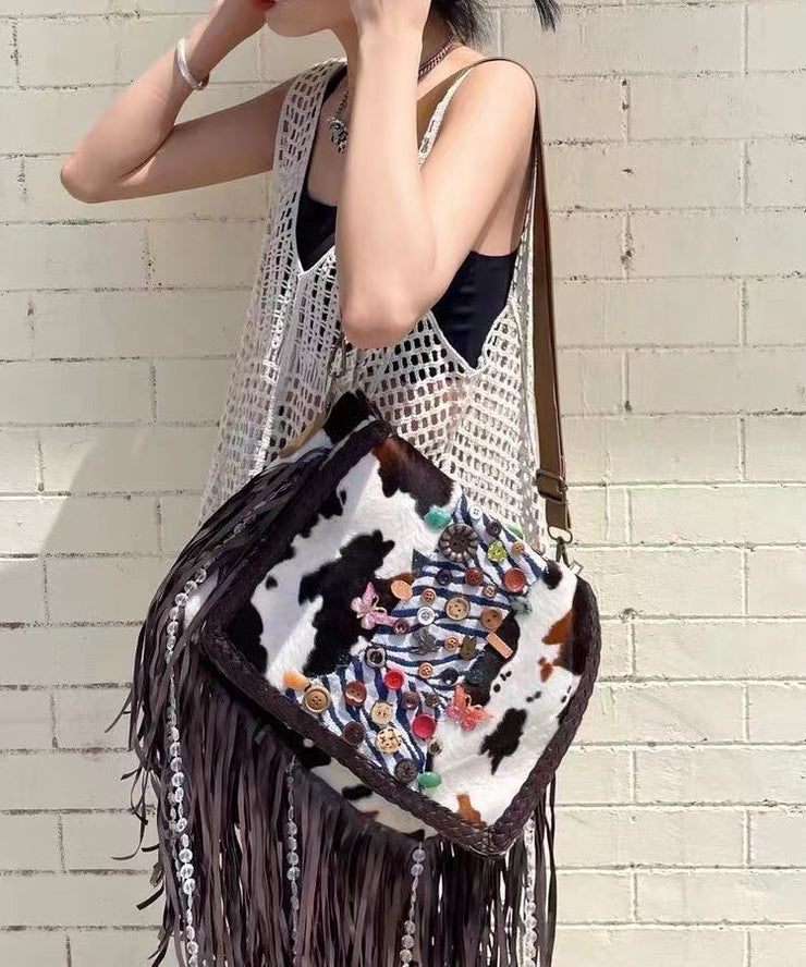 Art Brown Fringe Trim Buttons Decorated Faux Suede Messenger Bag