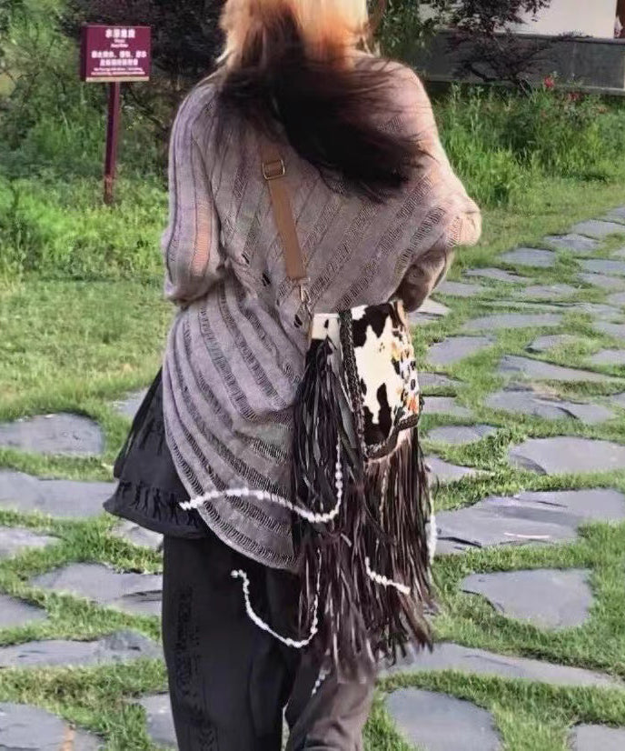 Art Brown Fringe Trim Buttons Decorated Faux Suede Messenger Bag