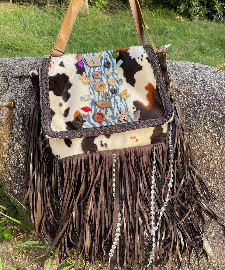 Art Brown Fringe Trim Buttons Decorated Faux Suede Messenger Bag