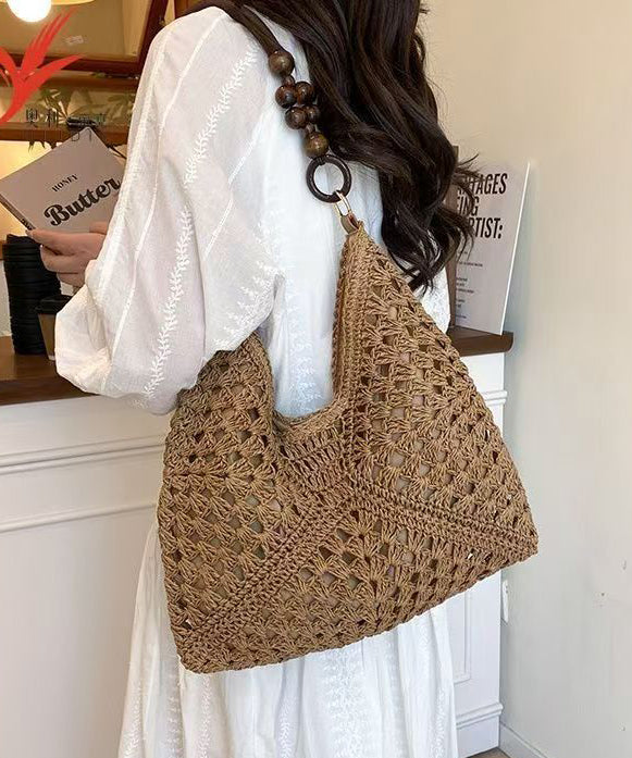 Art Brown Hollow Out Knit Fabric Shoulder Bags