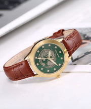 Art Brown Leather Waterproof Noctilucent Jade Stone Watches