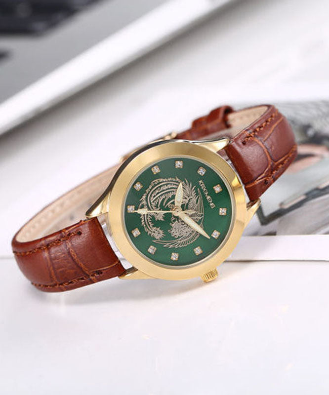 Art Brown Leather Waterproof Noctilucent Jade Stone Watches