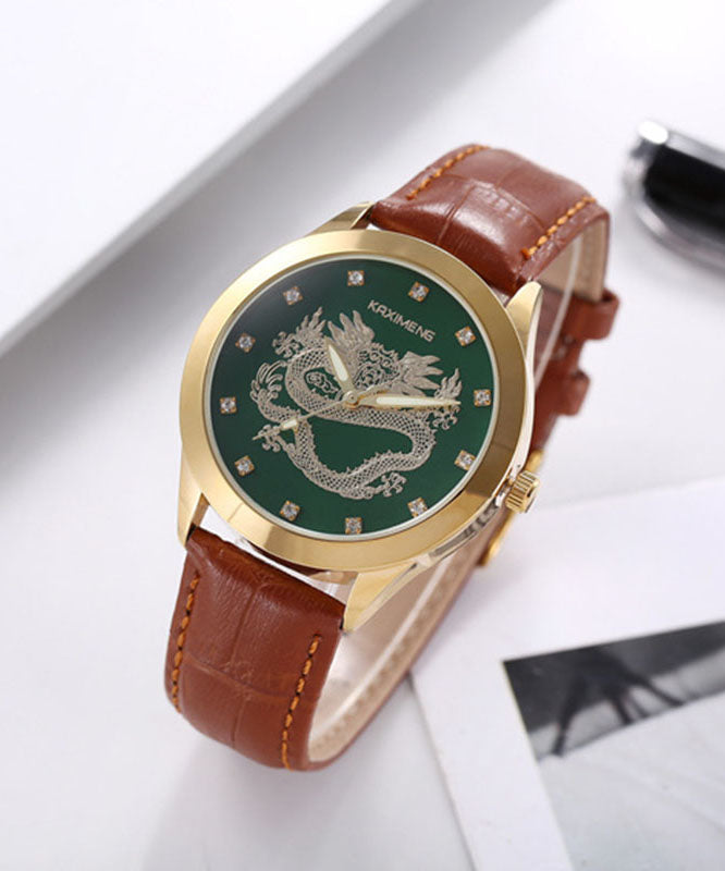 Art Brown Leather Waterproof Noctilucent Jade Stone Watches