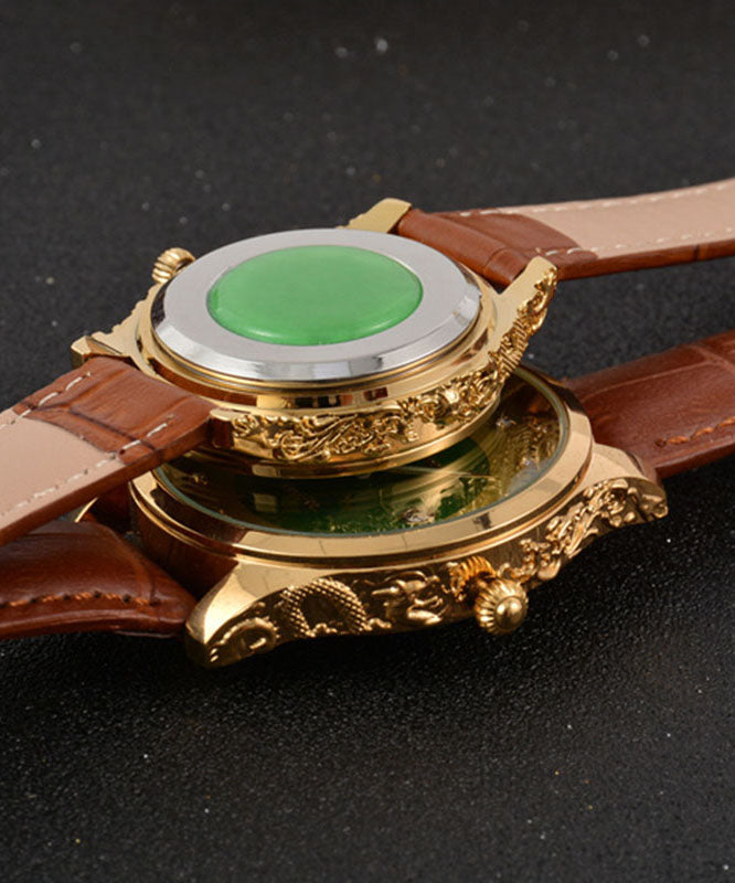 Art Brown Leather Waterproof Noctilucent Jade Stone Watches