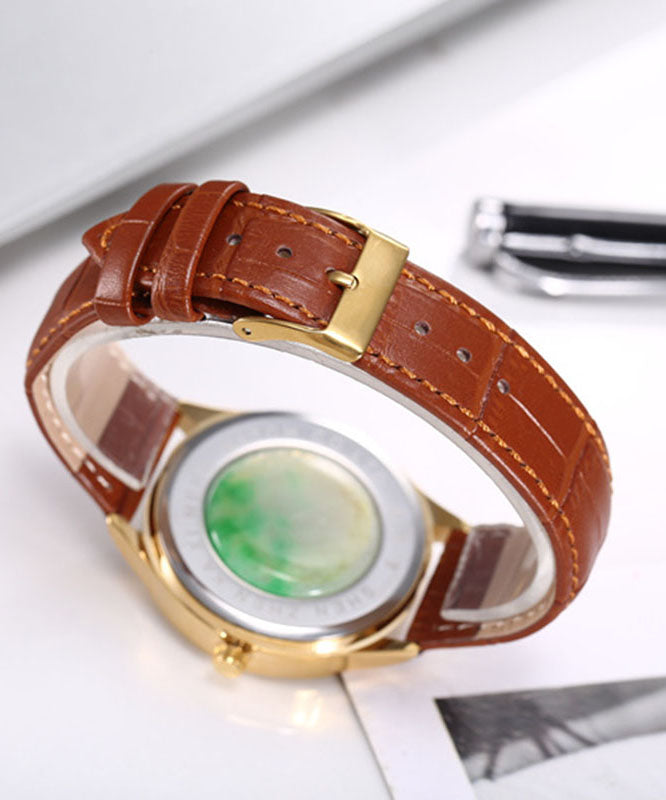 Art Brown Leather Waterproof Noctilucent Jade Stone Watches
